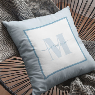 Typography Blue Monogram Simple Script Throw Pillow