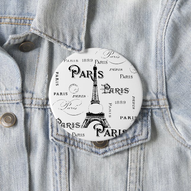 Typography Calligraphy Paris France Eiffel Tower 4 Inch Round Button (In Situ)