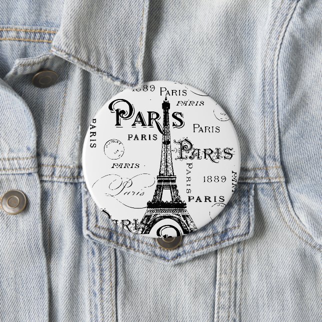 Typography Calligraphy Paris France Eiffel Tower 4 Inch Round Button (In Situ)