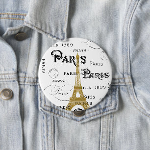 Typography Calligraphy Paris France Eiffel Tower 4 Inch Round Button