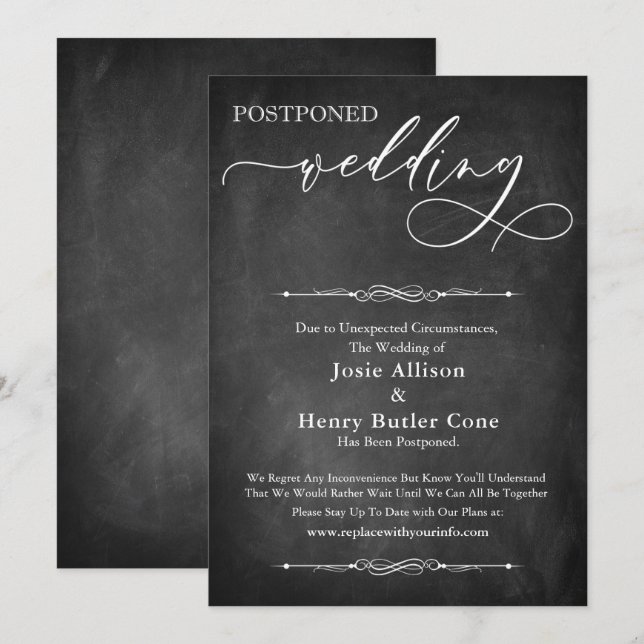 Typography & Chalkboard Postponed Wedding Card (Front/Back)