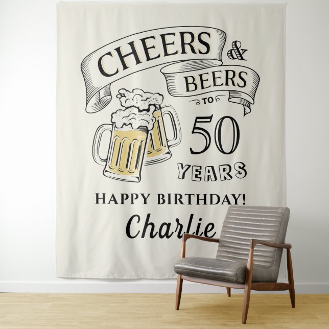 Typography Cheers And Beers Any Age Birthday Tapestry (In Situ)