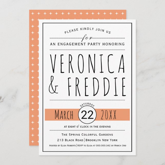 Typography coral peach wedding engagement party invitation (Front/Back)