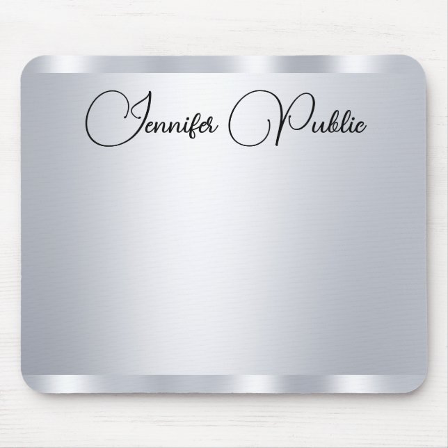 Typography Custom Script Silver Metallic Look Mouse Pad (Front)