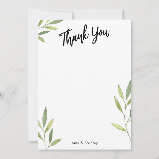 Typography & Green Watercolor Foliage Thank You Card (Front)