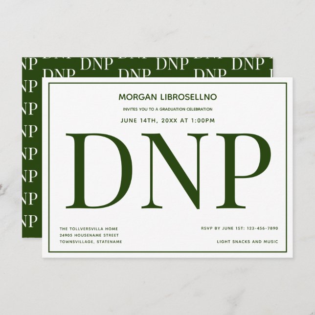 Typography Green White DNP Graduation Party Invitation (Front/Back)