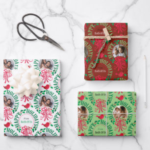 Typography Happy Holidays Photo Wreath From Both  Wrapping Paper Sheet
