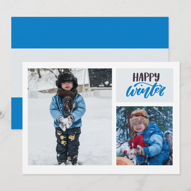 Typography Happy Winter Blue Two Photo Holiday Card (Front/Back)
