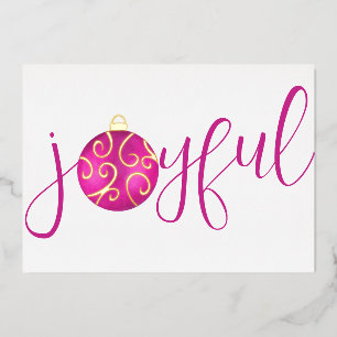 Typography Joyful Pink and White Real Foil Holiday Card