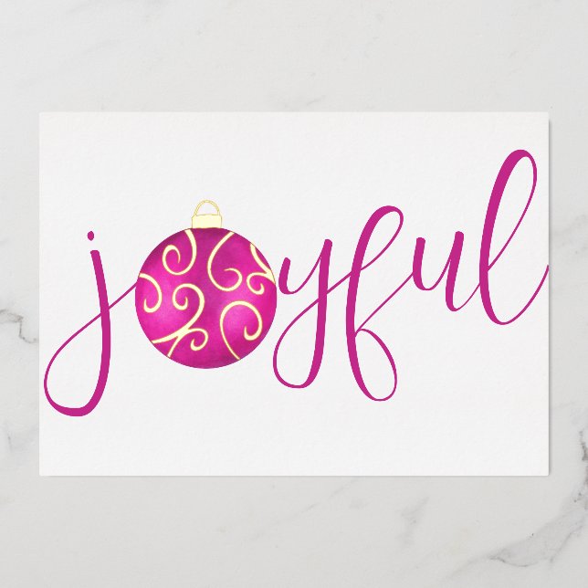 Typography Joyful Pink and White Real Foil Holiday Card (Front)