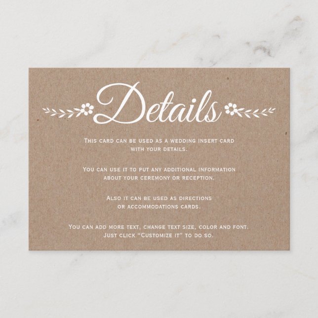 Typography kraft paper wedding details insert (Front)