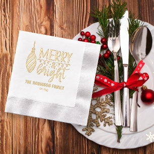 Typography Merry and Bright Bauble Name Date Foil Napkins