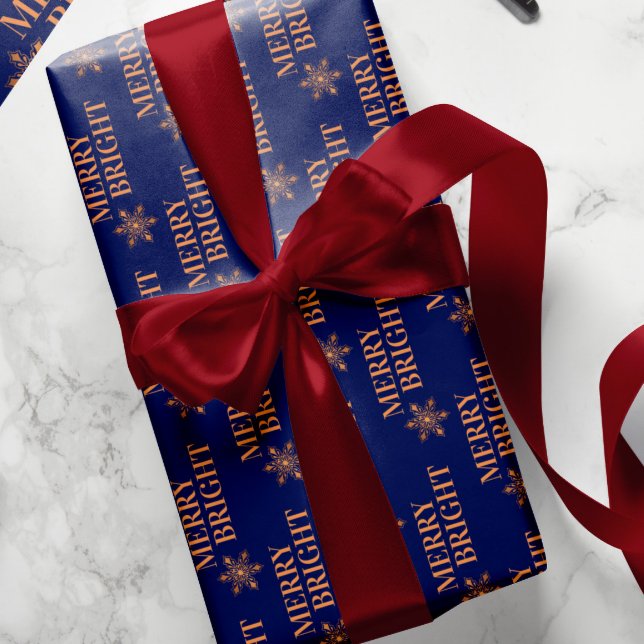 Typography Merry & Bright gold navy Christmas Wrapping Paper (Creator Uploaded)
