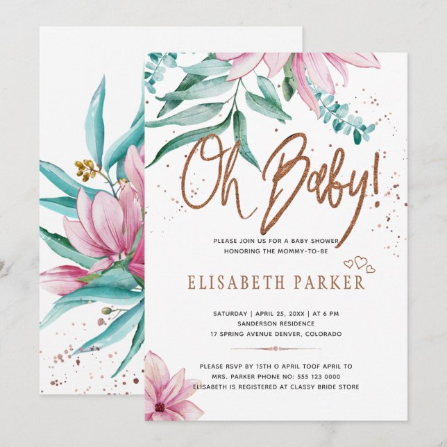 Typography modern oh baby floral baby shower invitation (Front/Back)
