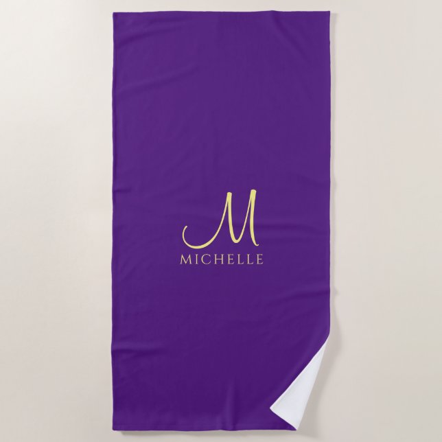 Typography Monogram Name Royal Purple & Gold Beach Towel (Front)