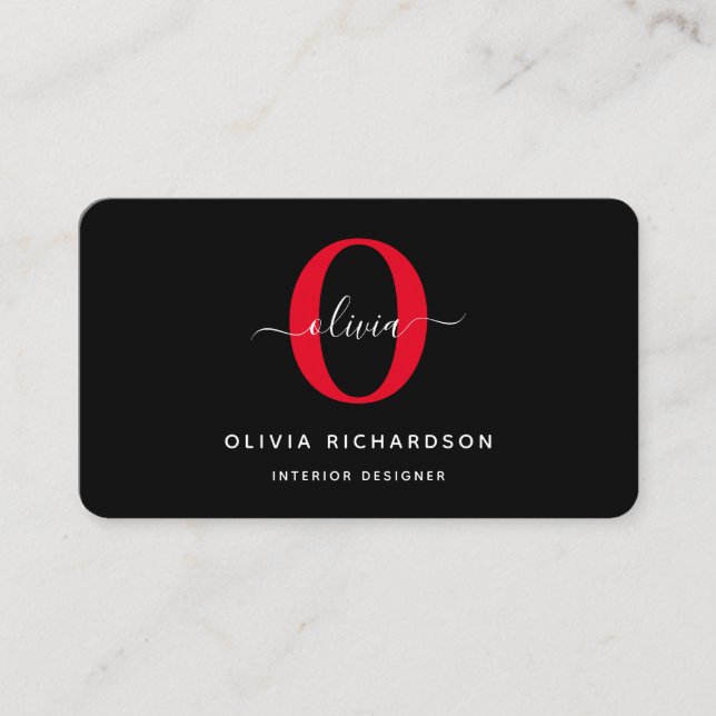 Typography Monogram Script Name Black White Red Business Card (Front)