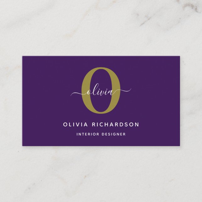 Typography Monogram Script Name Purple White Gold Business Card (Front)