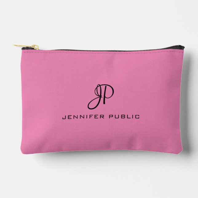 Typography Monogram Template Stylish Solid Pink Accessory Pouch (Front)