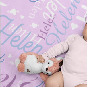 Typography Name and Hearts repeated allover Lilac  Fleece Blanket