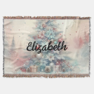Typography name Christmas tree floral watercolor Throw Blanket