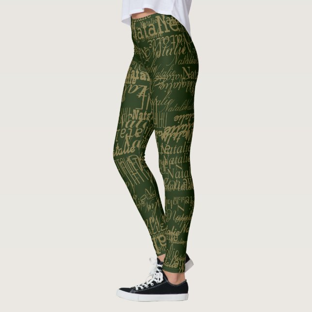 Typography names pattern personalized on green leggings (Left)