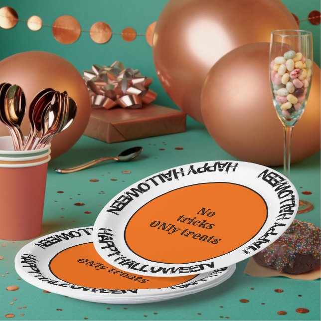 Typography Orange Black White Happy Halloween Paper Plate (Multi)