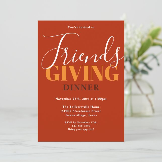 Typography Orange Friendsgiving Dinner Invitation (Standing Front)