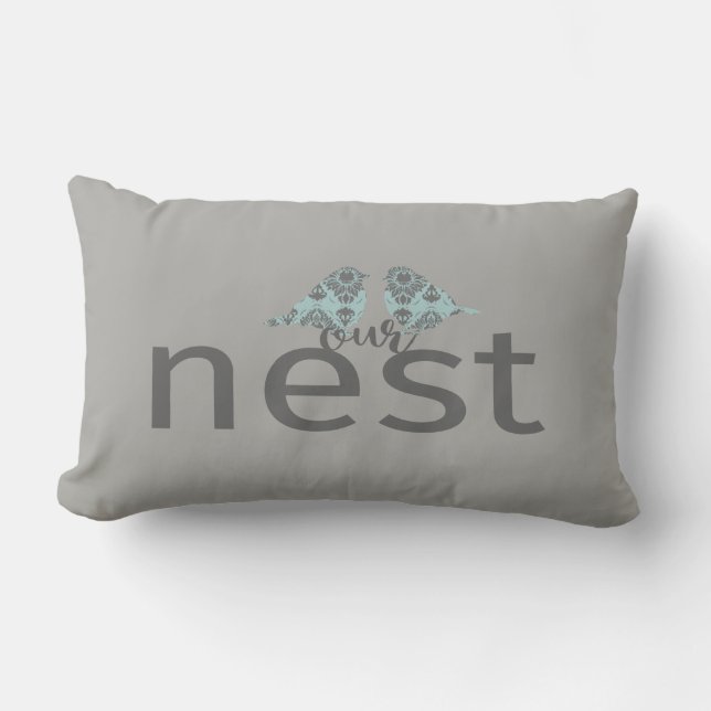 Typography "Our Nest" Grey & Blue Love Birds Lumbar Pillow (Front)