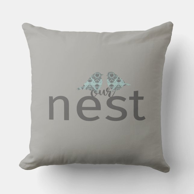 Typography "Our Nest" Grey & Blue Love Birds Throw Pillow (Front)