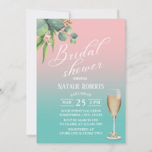 Typography Pastel Pink Teal Foliage Bridal Shower Invitation