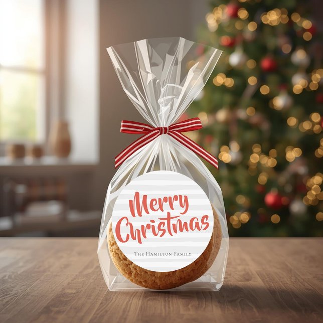 Typography Personalized Christmas Grey and Orange Classic Round Sticker (Typography Personalized Christmas Grey and Orange Classic Round Sticker by Ricaso. Ideal for gifting)