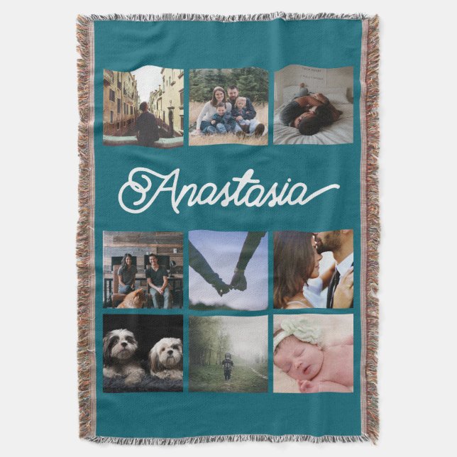 Typography Personalized Photo Collage Throw Blanket (Front Vertical)