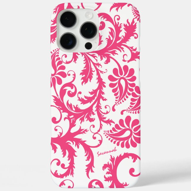 Typography Pink Damask Your Name or Quote Case-Mate iPhone Case (Back)