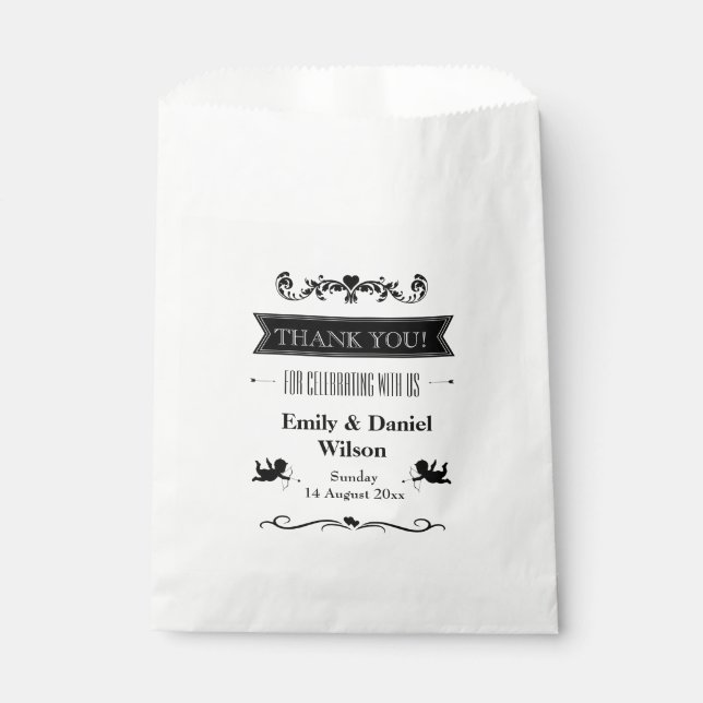 Typography Retro Wedding Black And White Favour Bag (Front)