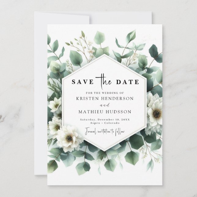 Typography Rustic Eucalyptus Digital Wedding Save The Date (Front)