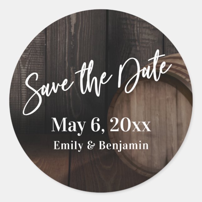 Typography Save the Date Brown Wooden Barrel Classic Round Sticker (Front)