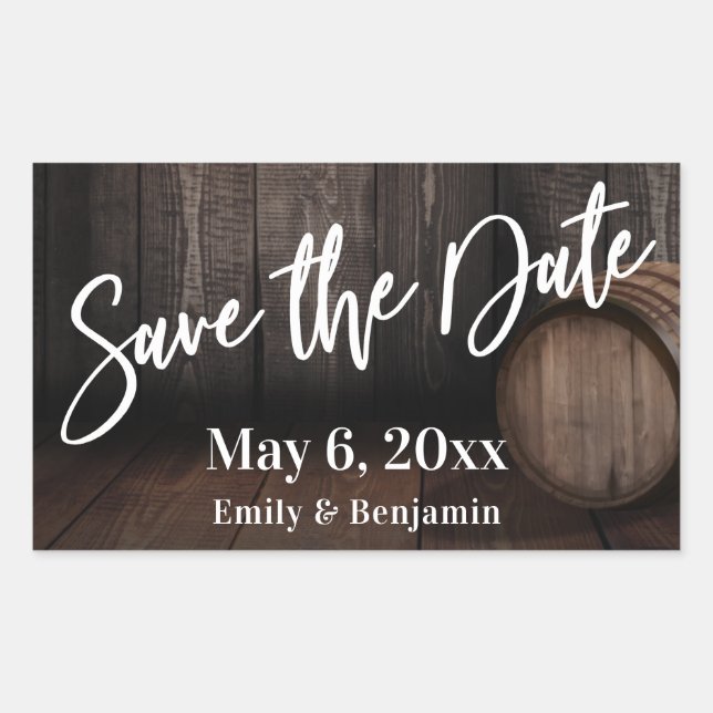 Typography Save the Date Brown Wooden Barrel Sticker (Front)