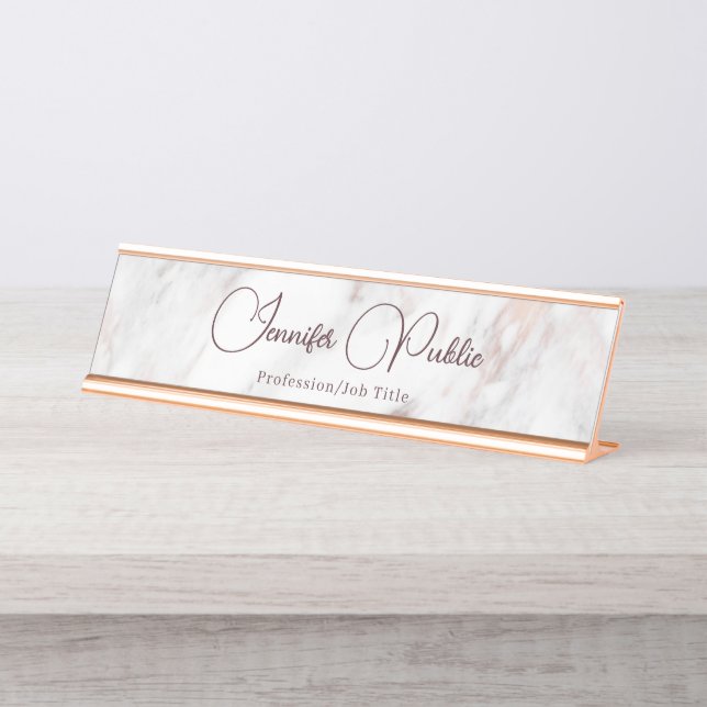 Typography Script Elegant Modern Rose Gold Marble Desk Name Plate (Front)