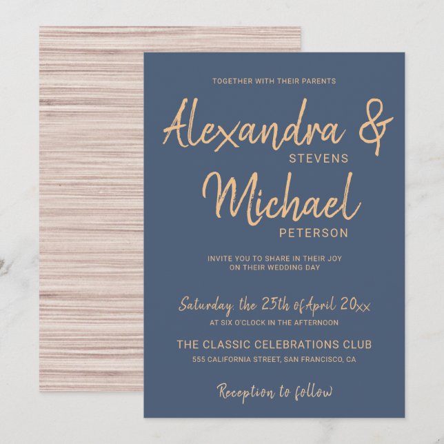 Typography script navy copper modern wedding invitation (Front/Back)