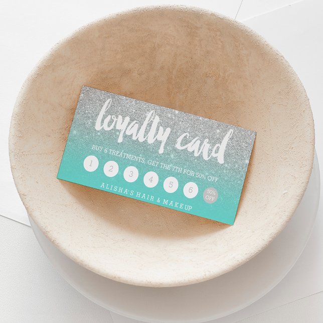 typography silver glitter turquoise loyalty card (Creator Uploaded)