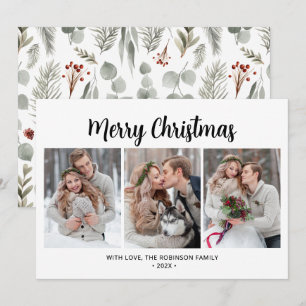 Typography Simple Foliage 3 Multi Photo Christmas Holiday Card