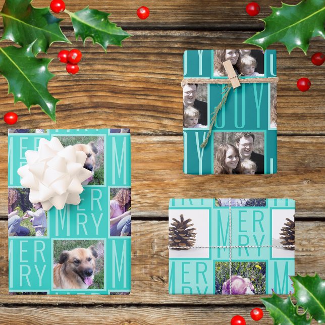 Typography Square Photos Turquoise Cute Retro Wrapping Paper Sheet (Creator Uploaded)