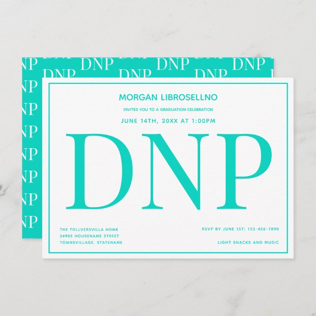 Typography Teal White DNP Graduation Party Invitation (Front/Back)
