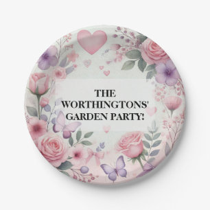Typography text floral hearts romantic watercolor paper plate