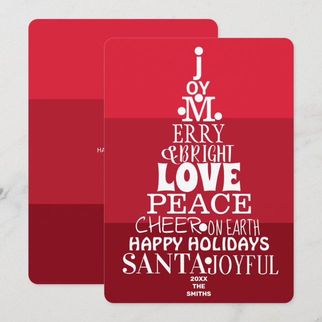Typography Tree White On Berry Red Modern Holiday Card (Front/Back)