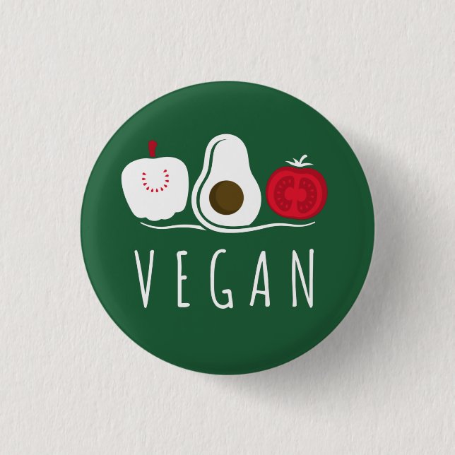 Typography Vegan Veg Fruit Motifs White on Green 1 Inch Round Button (Front)