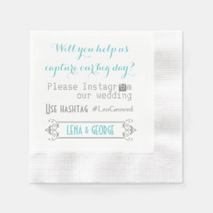 Typography with Instagram hashtag aqua wedding Napkin