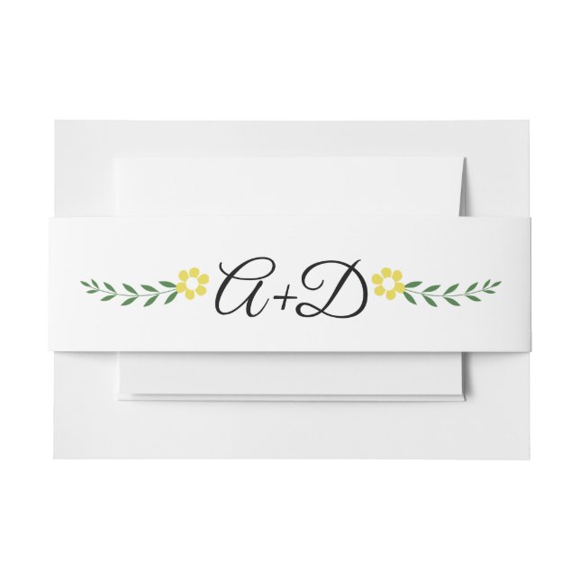 Typography, yellow flowers and initials wedding invitation belly band (Front Example)