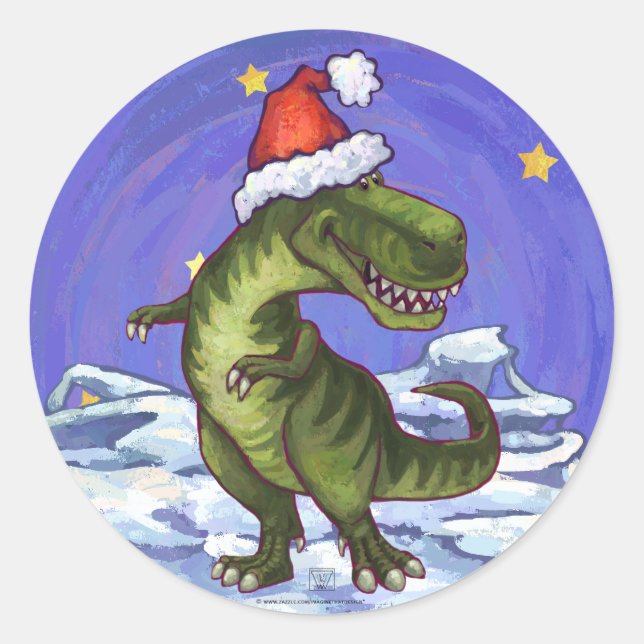 Tyrannosaurus Christmas Classic Round Sticker (Front)