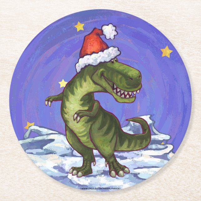 Tyrannosaurus Christmas Round Paper Coaster (Front)